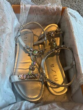 Unisa Silver Jeweled T-Strap Sandals with Iridescent Stones